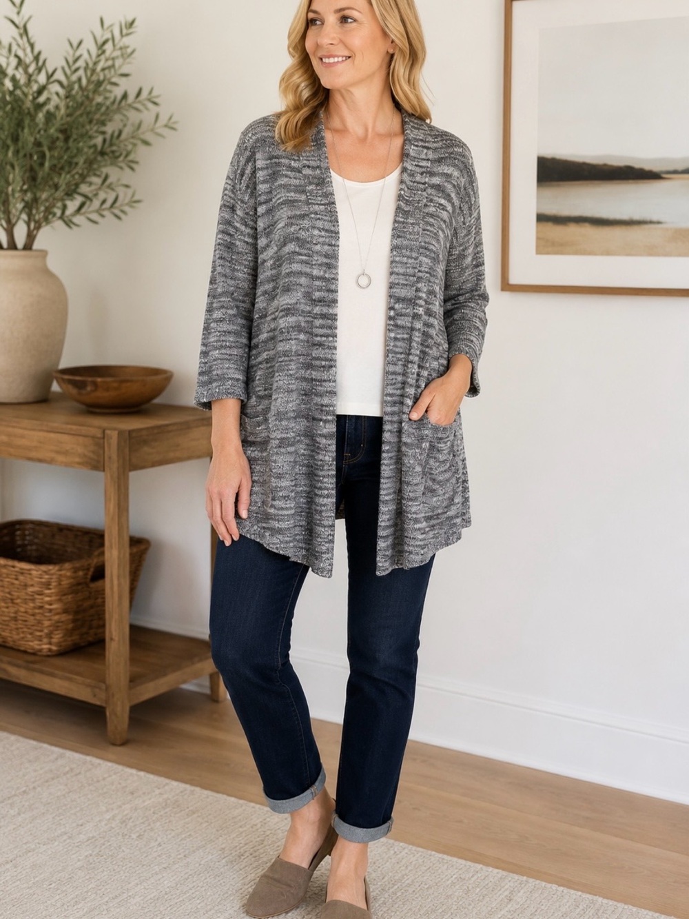 Pure Jill J. Jill Women’s XL Gray Marled Open Front Knit Cardigan Sweater